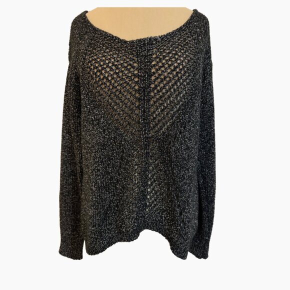 Rock & Republic Womens Mesh Tunic Sweater L Black Metallic Crochet Knit Top - Picture 1 of 9